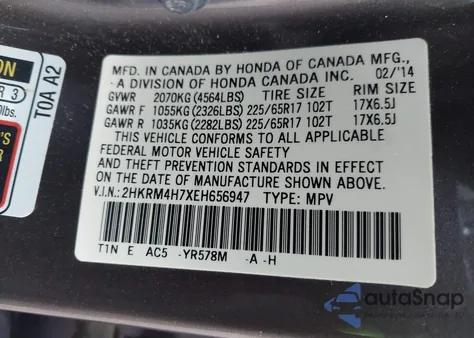 2014 Honda Cr-V Ex-L z USA, uszkodzony, nr VIN 2HKRM4H7XEH656947